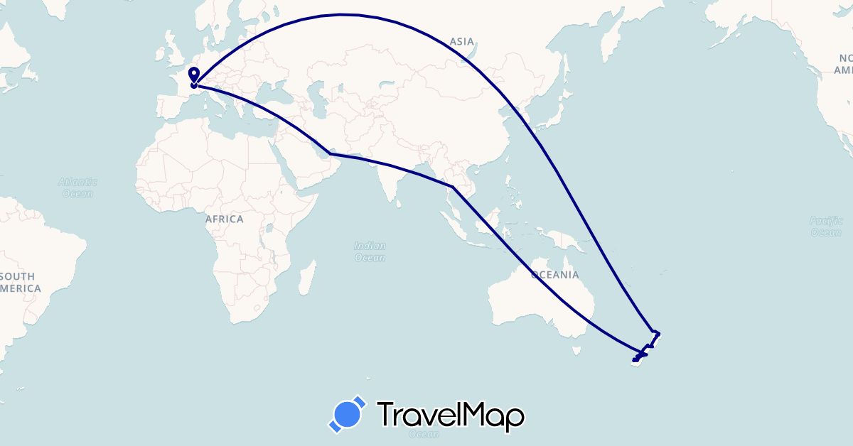 TravelMap itinerary: driving in United Arab Emirates, Australia, France, New Zealand, Thailand (Asia, Europe, Oceania)
